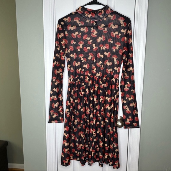Dangerfield Sheer Black Mesh Mushroom Print Unique Alt Goth Mock Neck Dress 6 - Picture 2 of 11